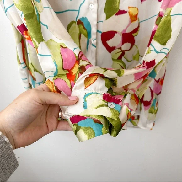 Zara Ivory Ecru Pink Floral Satin Blouse | Large - Picture 5 of 11